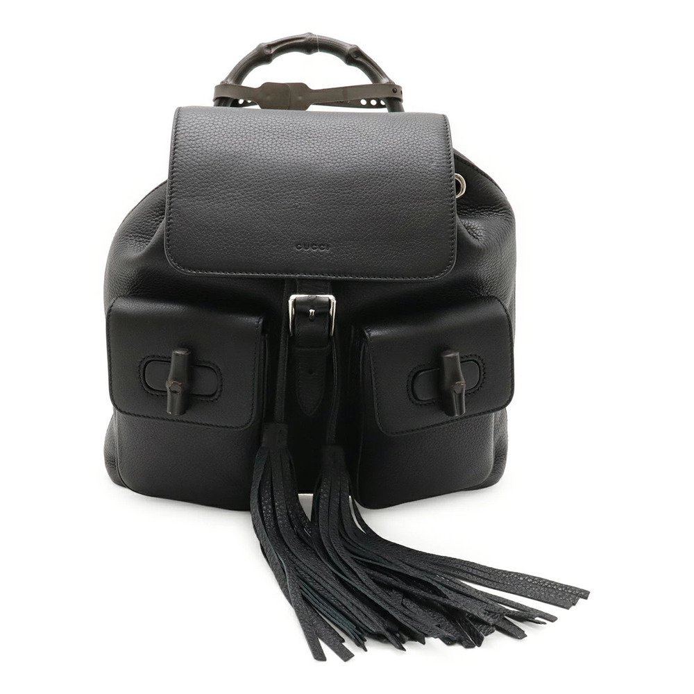 Gucci Bamboo Backpack Rucksack Daybag Shoulder Bag Fringe Tassel Leather Black